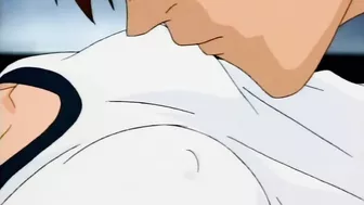 Seductive hentai scene featuring a cute teen and her lover in the bathtub.