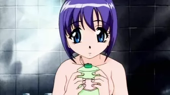 Seductive hentai scene featuring a cute teen and her lover in the bathtub.