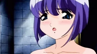 Seductive hentai scene featuring a cute teen and her lover in the bathtub.