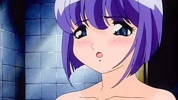 Seductive hentai scene featuring a cute teen and her lover in the bathtub.