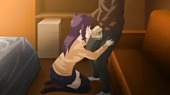 A naughty hentai schoolgirl named Ayaka masturbates while her friend blows his dick.