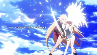 Hentai lesbians engage in a passionate liplock before wielding massive weapons in battle.