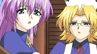 Horny hentai maids in a hot lesbian sex scene before fucking their master.