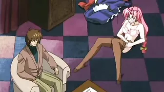 Horny hentai maids in a hot lesbian sex scene before fucking their master.