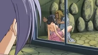 Sexy anime girl enjoys hot spring with voyeurs in hentai scene.