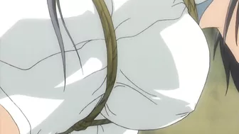 Sexy anime girl enjoys hot spring with voyeurs in hentai scene.