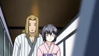 Sexy anime girl enjoys hot spring with voyeurs in hentai scene.