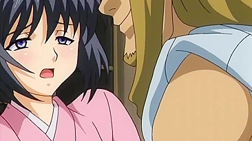 Sexy anime girl enjoys hot spring with voyeurs in hentai scene.