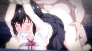 Rain-soaked high school girl in hentai sex scene.