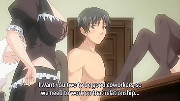 Horny hentai maids seduce job candidate in steamy sex scene.
