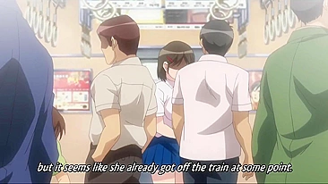 Hentai virgin schoolgirl has public train sex with people watching.