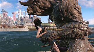 The hentai scene depicts an enormous deathclaw penetrating Ellie with its massive cock.