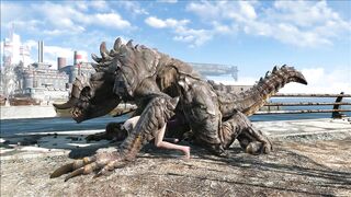 The hentai scene depicts an enormous deathclaw penetrating Ellie with its massive cock.