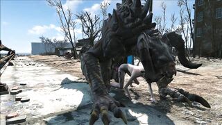 The hentai scene depicts an enormous deathclaw penetrating Ellie with its massive cock.