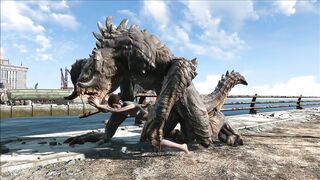 The hentai scene depicts an enormous deathclaw penetrating Ellie with its massive cock.