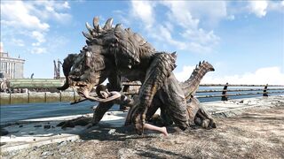 The hentai scene depicts an enormous deathclaw penetrating Ellie with its massive cock.