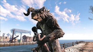 The hentai scene depicts an enormous deathclaw penetrating Ellie with its massive cock.