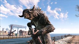 The hentai scene depicts an enormous deathclaw penetrating Ellie with its massive cock.