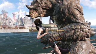 The hentai scene depicts an enormous deathclaw penetrating Ellie with its massive cock.