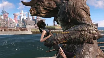 The hentai scene depicts an enormous deathclaw penetrating Ellie with its massive cock.