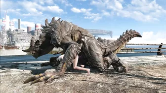 The hentai scene depicts an enormous deathclaw penetrating Ellie with its massive cock.