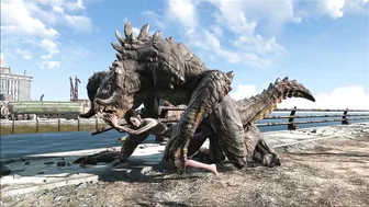 The hentai scene depicts an enormous deathclaw penetrating Ellie with its massive cock.