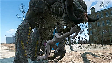 The hentai scene depicts an enormous deathclaw penetrating Ellie with its massive cock.