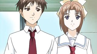 Horny hentai teacher fucks her student with a strap-on dildo.