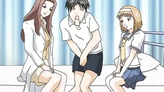 Horny hentai teacher fucks her student with a strap-on dildo.