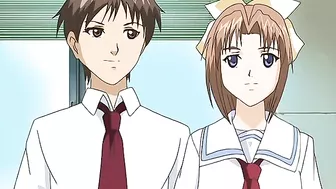 Horny hentai teacher fucks her student with a strap-on dildo.