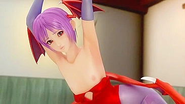 A petite young succubus has her tits squeezed and fucked by a machine in hentai porn.