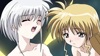 Hentai porn site visitors can enjoy a passionate sex scene between two petite yuri girls in a heart-shaped triangle.