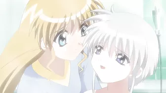 Hentai porn site visitors can enjoy a passionate sex scene between two petite yuri girls in a heart-shaped triangle.