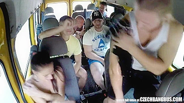 Czech guys from rugby team pick up three drunken girls and embark crazy group sex party right in bus