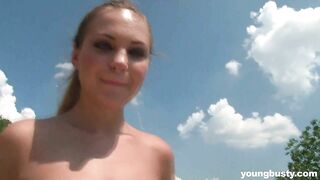 Sexy young lady relaxes on sun lounger when man appears to turn her horny and fill mouth with jizz