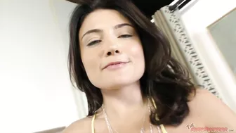 Brunette Adria Rae gives outstanding blowjob, receives cum in mouth, and stimulates own clitoris