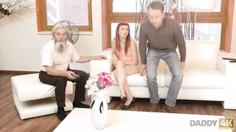 Old senior managed to seduce ginger for intimate games while her boyfriend was left for batteries