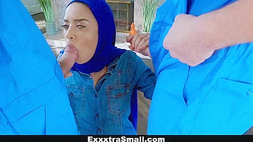 Babe Maya Bijuo doesn't take hijab off while getting fucked by two hunkies