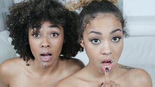 Daddies share skinny Ebony stepdaughters and fuck them on the same sofa