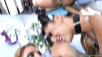 Hungry bitches squirt a lot before sucking hard the boner