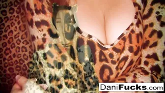 Swanky chick Dani Daniels in leopard outfit stimulates clitoris to the full