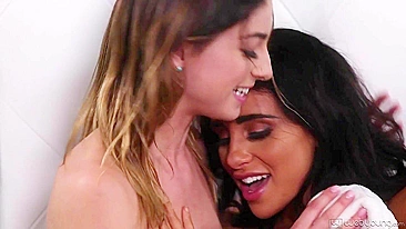 Inspiring girl Naomi Woods seduces her straight friend Kristen Scott for noisy lesbian sex in bedroom