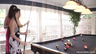 Mature woman teaches young stepdaughter to play pool and use a good vibrator