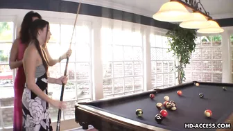 Mature woman teaches young stepdaughter to play pool and use a good vibrator