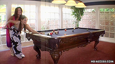 Mature woman teaches young stepdaughter to play pool and use a good vibrator