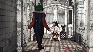 The evil clown violates a young girl in an abandoned hospital.