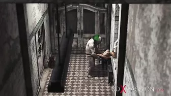 The evil clown violates a young girl in an abandoned hospital.