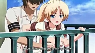 Busty anime schoolgirl gets fucked on school balcony in hentai video.