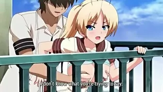 Busty anime schoolgirl gets fucked on school balcony in hentai video.