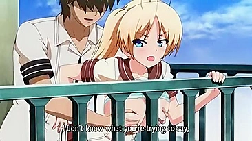 Busty anime schoolgirl gets fucked on school balcony in hentai video.